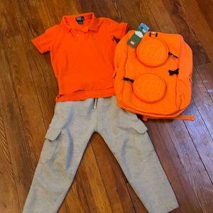 Polo T shirt size 5 and Sweatpants PI Sport 5/6 and Brand New Lego Backpack